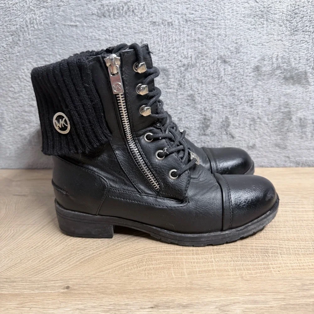 Michael Kors Donna Combat Boots Kids Size 3 Black Knit Cuff‎ Lace Up Lug Sole